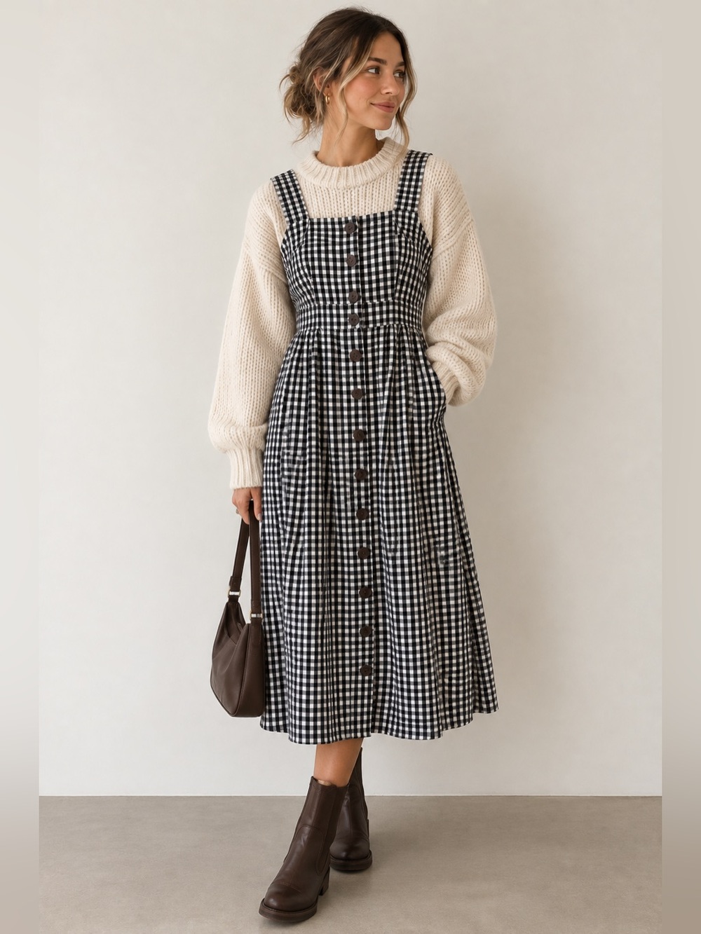 EUC Bohme Gingham Button-Front Pinafore Cottagecore Midi Dress in Black & White